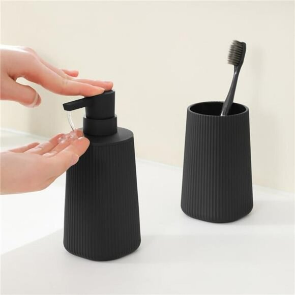 Black Bathroom Soap Dispenser Toothbrush Holder Set Countertop Organizer - Picture 2 of 7